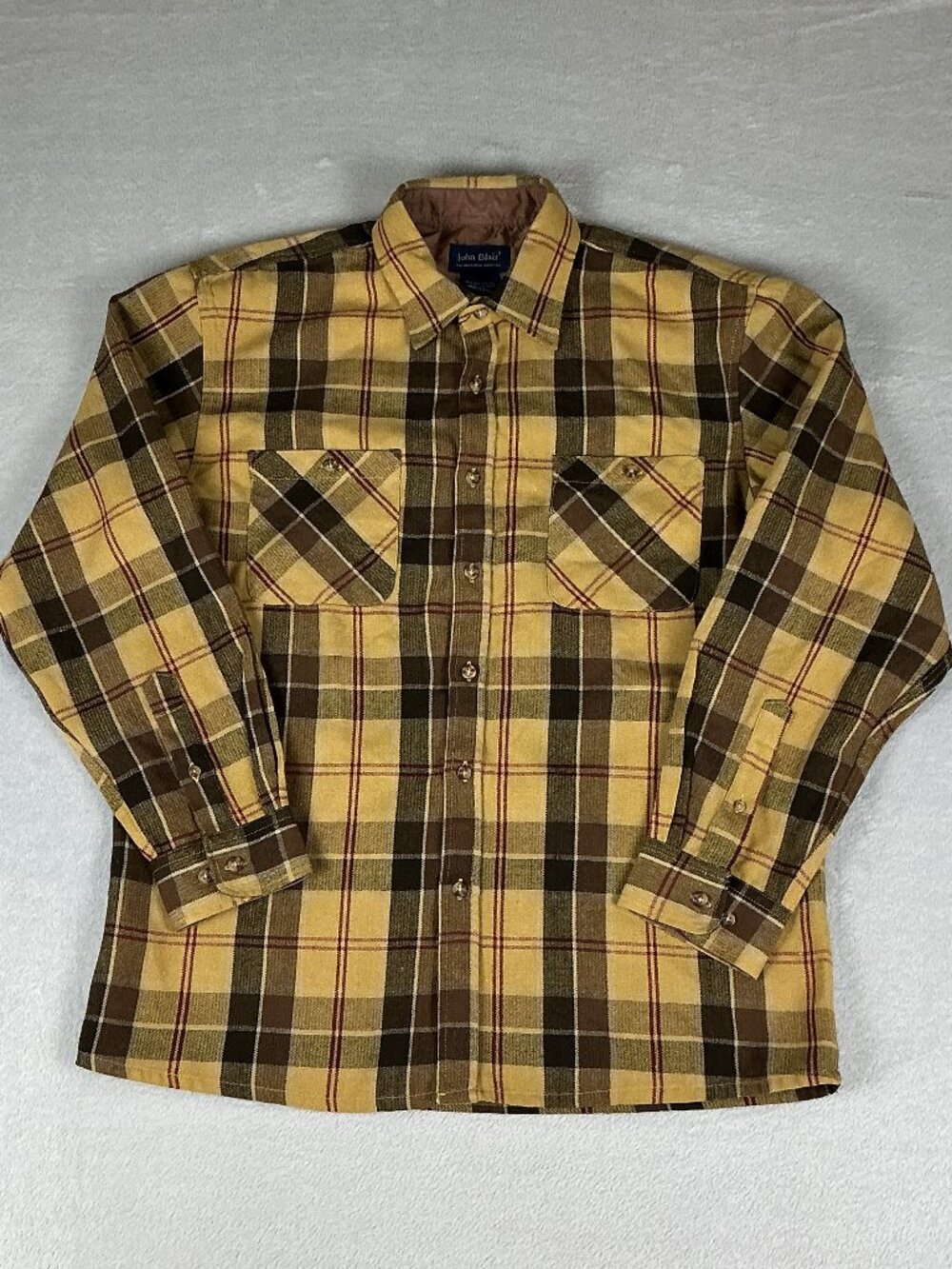 Vintage John Blair Men's Shirt Medium Brown Plaid Flannel Button Up With Pockets